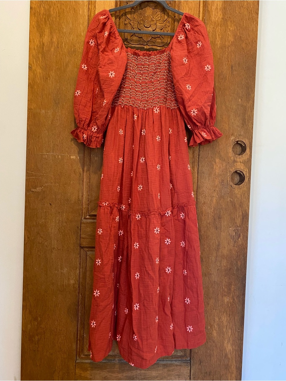 Coral Ree Pink Floral Smocked midi Dress embroidered puff sleeve